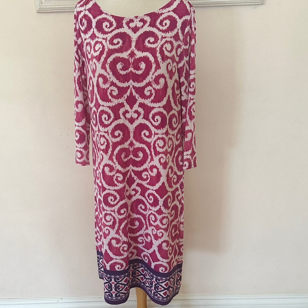 Chico's Pink and White Patterned Long Sleeve Midi Dress